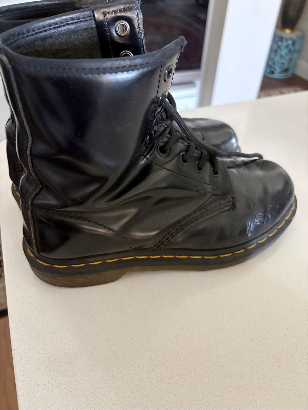 Dr. Martens Black Leather Lace-Up Ankle Boots with Yellow Stitching Accents